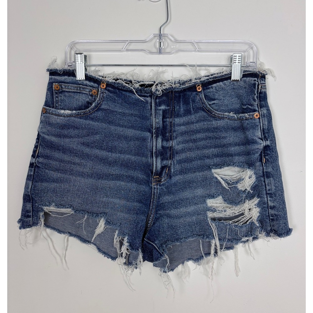 American Eagle Stretch 90s Boyfriend Denim Shorts Frayed Waist High Rise Size 10